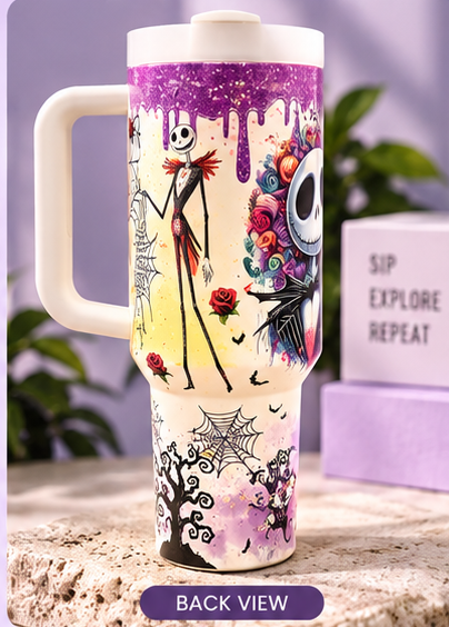 Nightmare Halloween 40 OZ Insulated Quencher Tumbler – Purple & White Edition