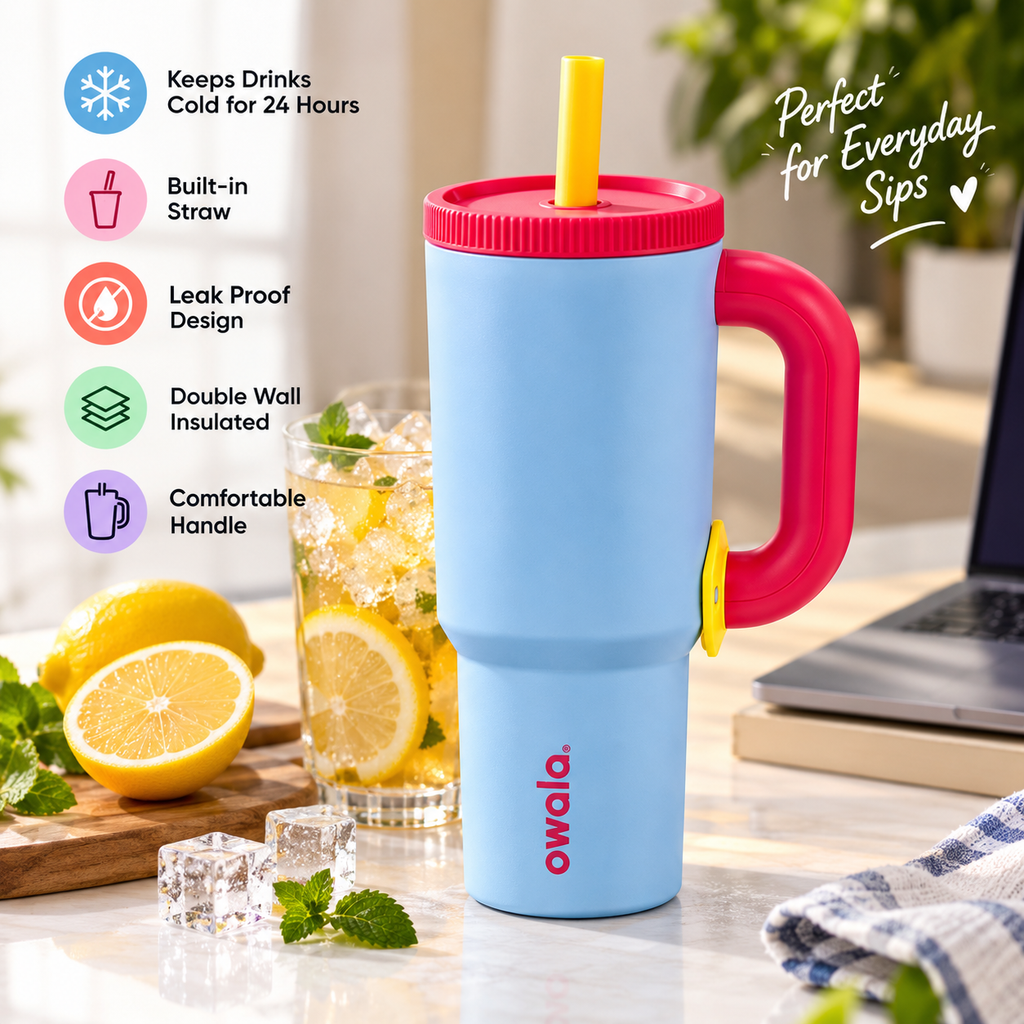Owala Style 1250ml Insulated Tumbler with Built-In Straw & Handle Pink Sky blue