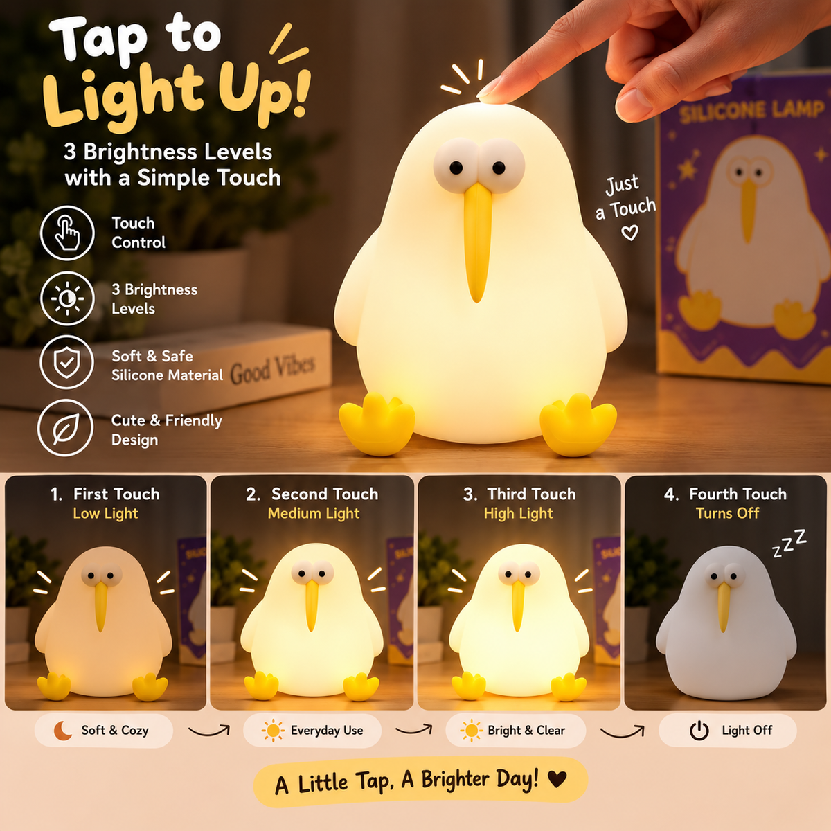 Penguin Silicone Touch Night Lamp – 3 Brightness Levels | Rechargeable Cute Penguine Lamp