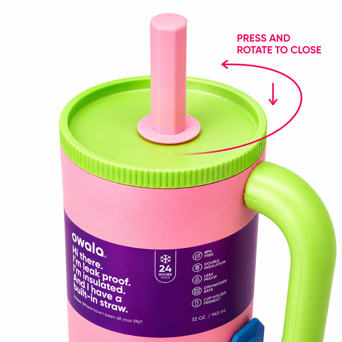 Owala Style 1250ml Insulated Tumbler with Built-In Straw & Handle Pink