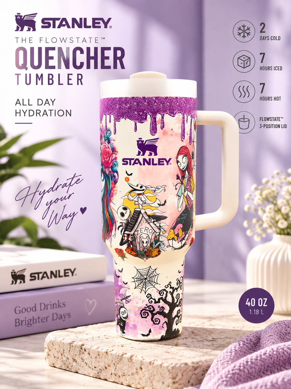 Nightmare Halloween 40 OZ Insulated Quencher Tumbler – Purple & White Edition