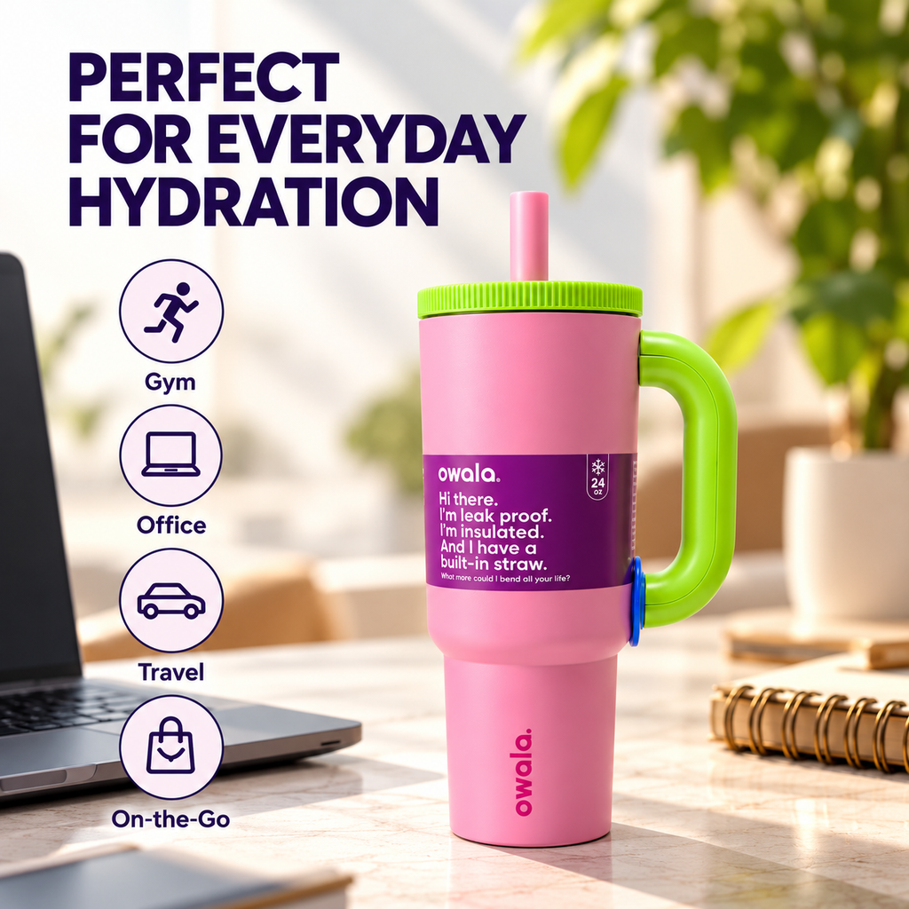 Owala Style 1250ml Insulated Tumbler with Built-In Straw & Handle Pink