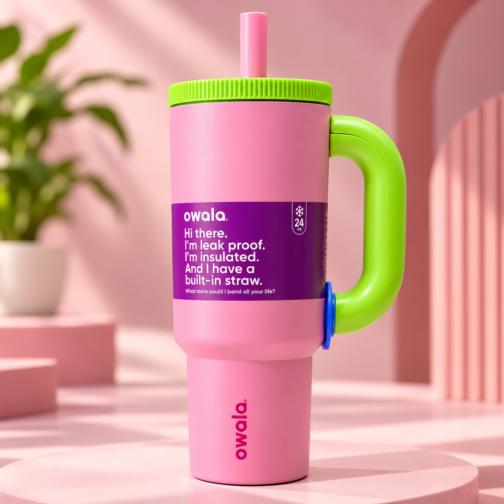 Owala Style 1250ml Insulated Tumbler with Built-In Straw & Handle Pink