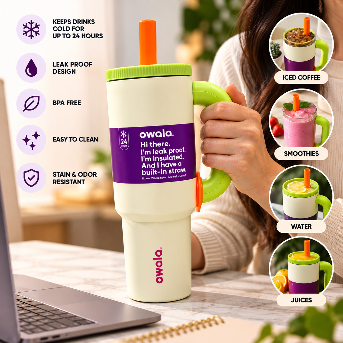 Owala Style 1250ml Insulated Tumbler with Built-In Straw & Handle Cream
