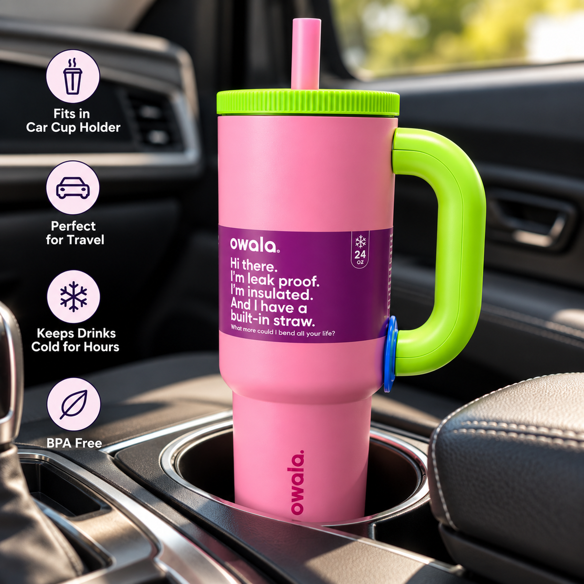 Owala Style 1250ml Insulated Tumbler with Built-In Straw & Handle Pink