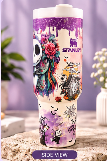 Nightmare Halloween 40 OZ Insulated Quencher Tumbler – Purple & White Edition