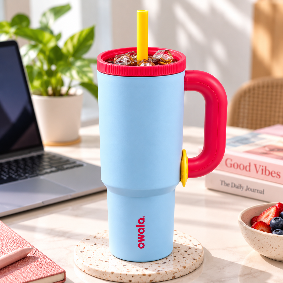 Owala Style 1250ml Insulated Tumbler with Built-In Straw & Handle Pink Sky blue