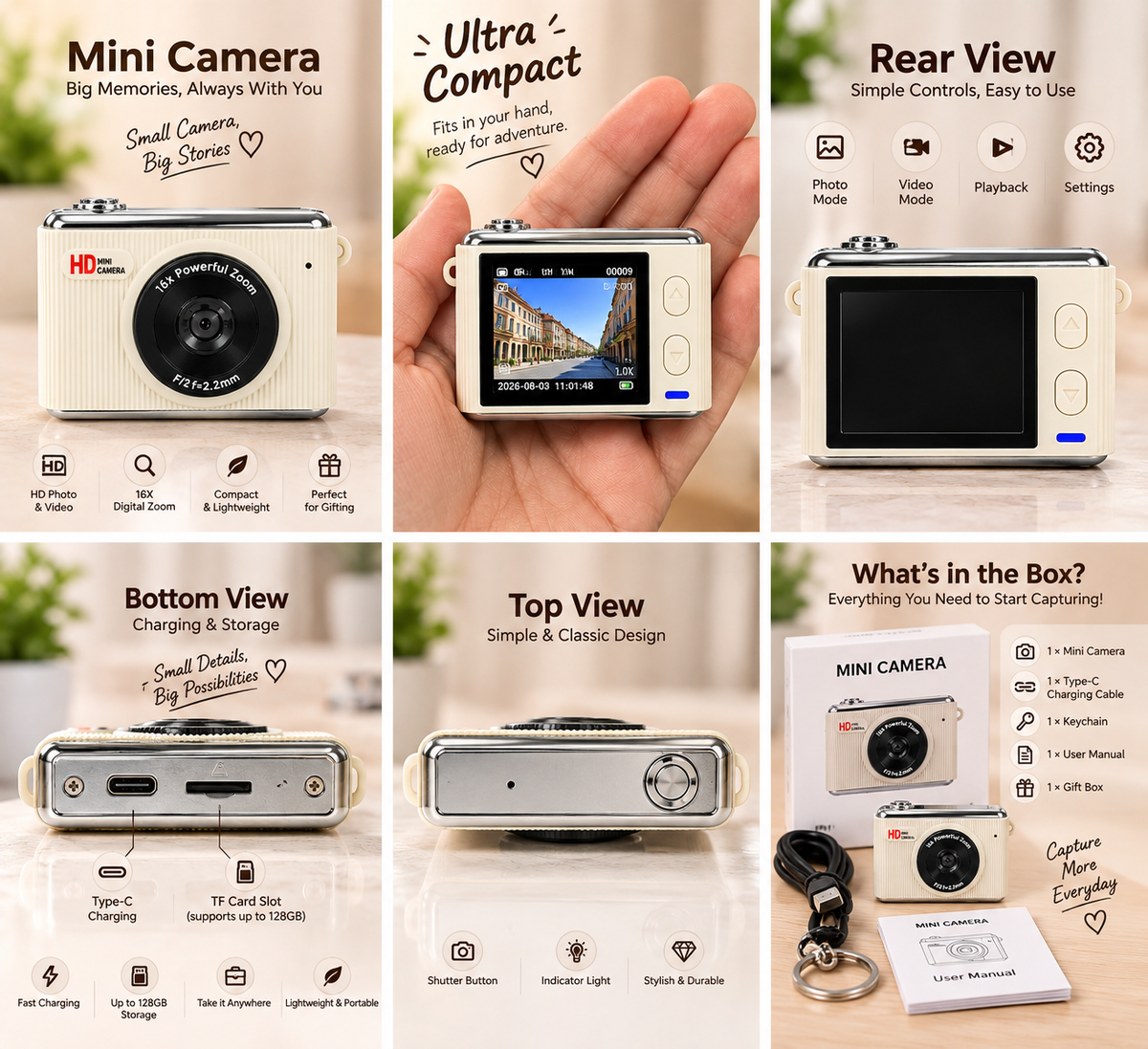 Mini Keychain Camera – HD Digital Camera with 16X Zoom (white)