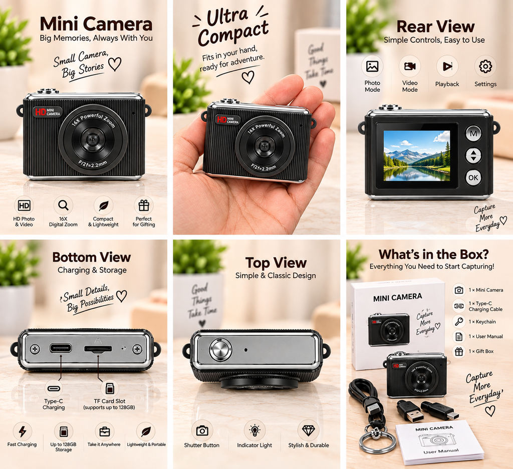 Mini Keychain Camera – HD Digital Camera with 16X Zoom (black)