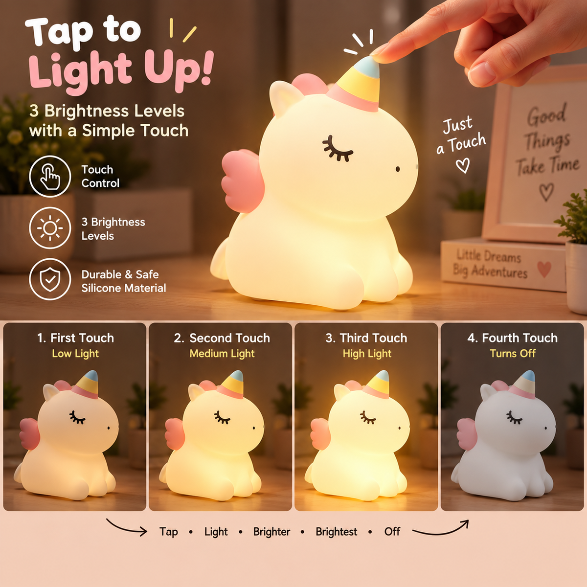 3D Unicorn Touch Night Lamp | 3-Level Brightness Control