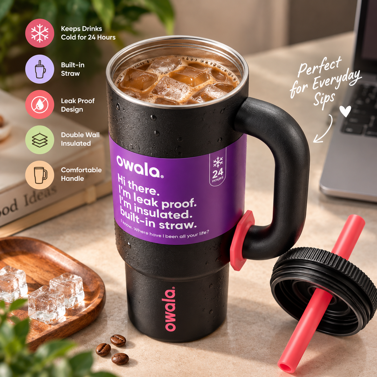 Owala Style 1250ml Insulated Tumbler with Built-In Straw & Handle