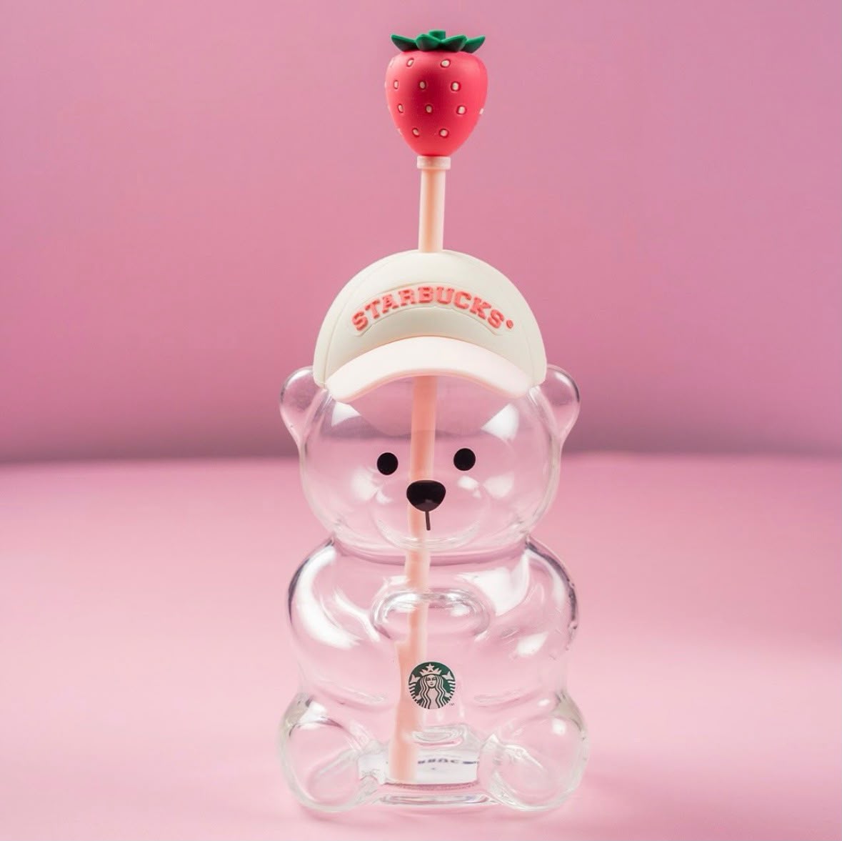 Pink Bear Glass Tumbler with Strawberry Topper – 20oz