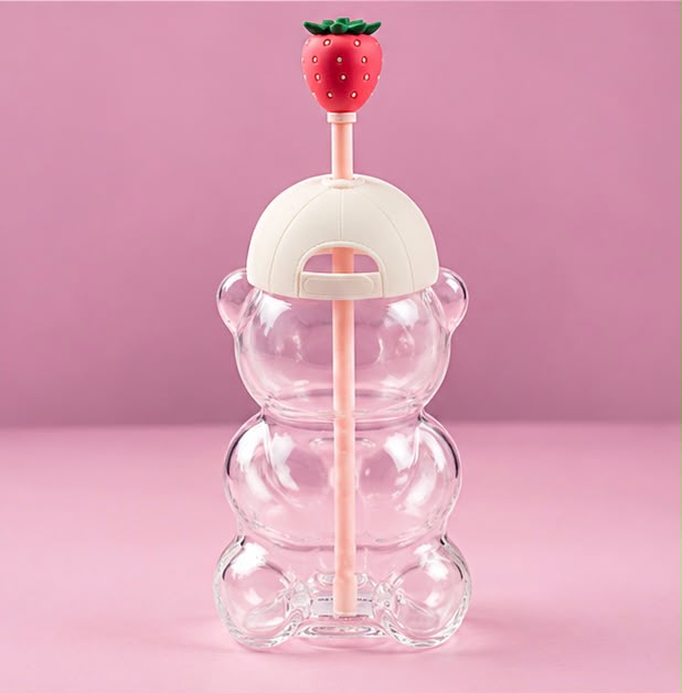 Pink Bear Glass Tumbler with Strawberry Topper – 20oz