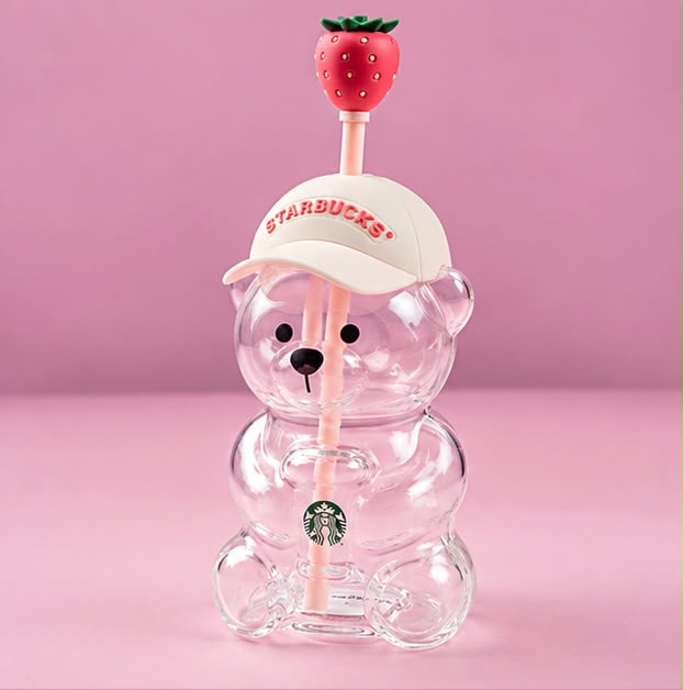 Pink Bear Glass Tumbler with Strawberry Topper – 20oz